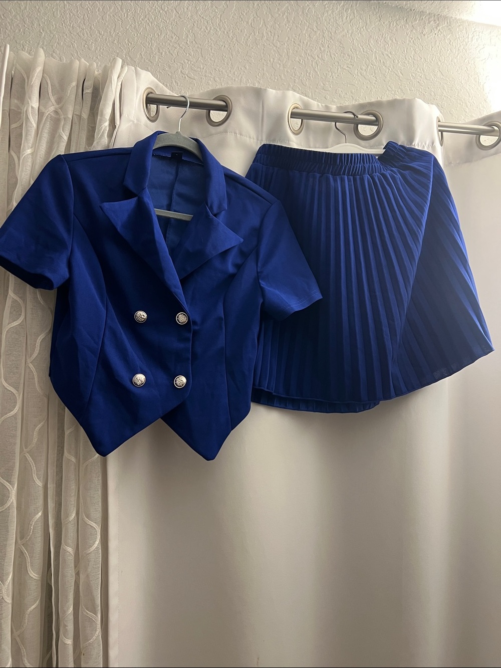 SHEIN Royal Blue Double-Breasted Cropped Blazer & Pleated Skirt Set